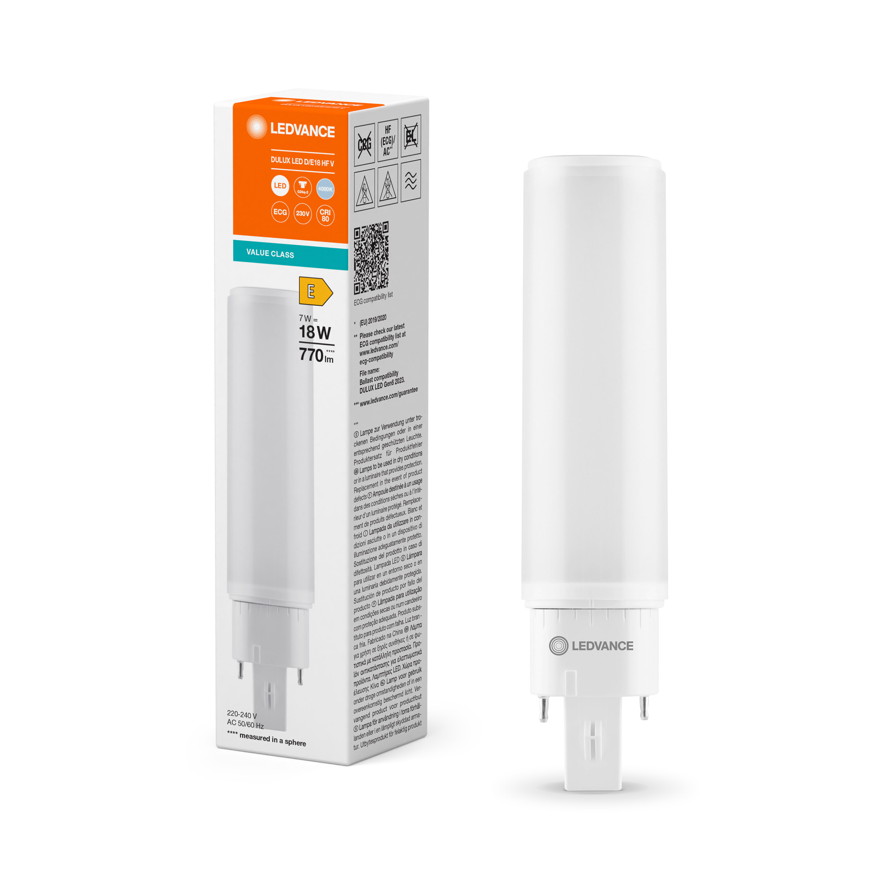 Ledvance LED Dulux D/E HF & AC 7 Watt 840 4000 Kelvin neutralweiss G24q-2 4P (für 18 Watt)