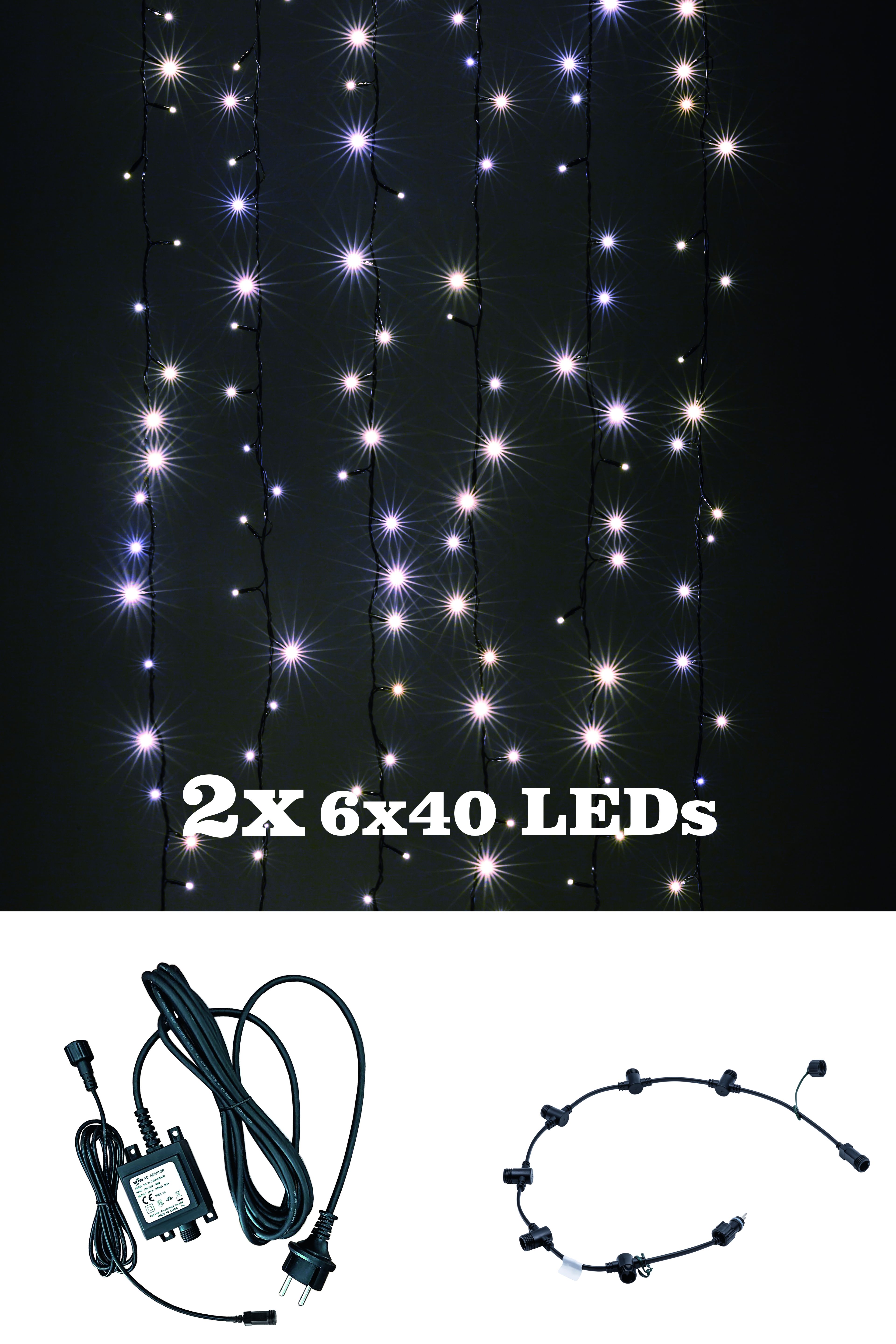 Heitronic SET Vorhangsystem 2x6 Lichtstränge mit je 40 LEDs warmweiß 2,05 Meter schwarz IP44 24 Volt AC inkl Basisleitung und Trafo