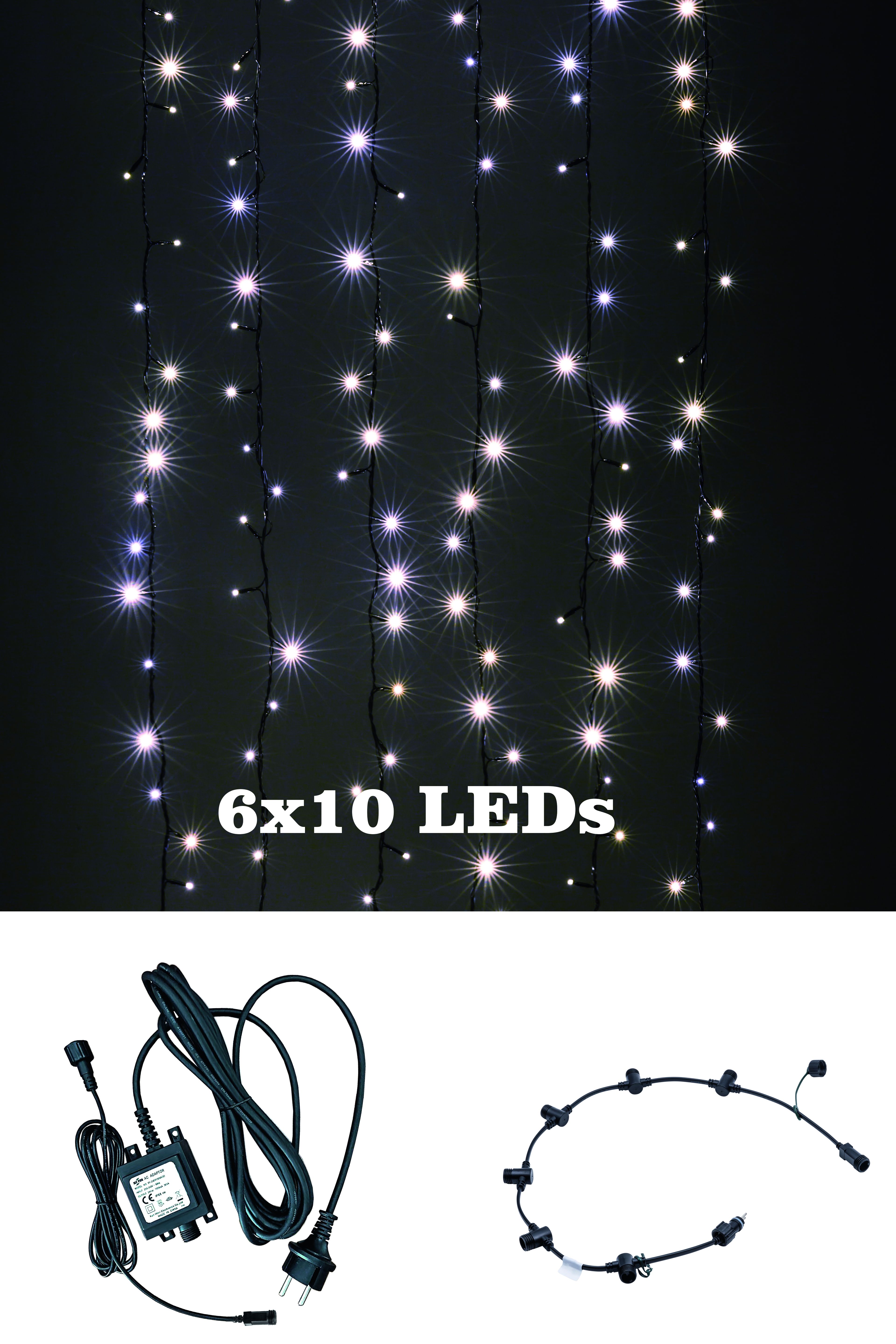 Heitronic SET Vorhangsystem 6 Lichtstränge mit je 10 LEDs warmweiß 0,55 Meter schwarz IP44 24 Volt AC inkl Basisleitung und Trafo